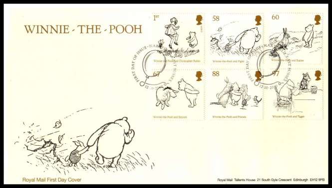 view larger back view image for Winnie The Pooh set of six on an unaddressed official Royal Mail FDC cancelled with the official alternative FDI cancel for HARTFIELD - EAST SUSSEX  dated 12-10-2010