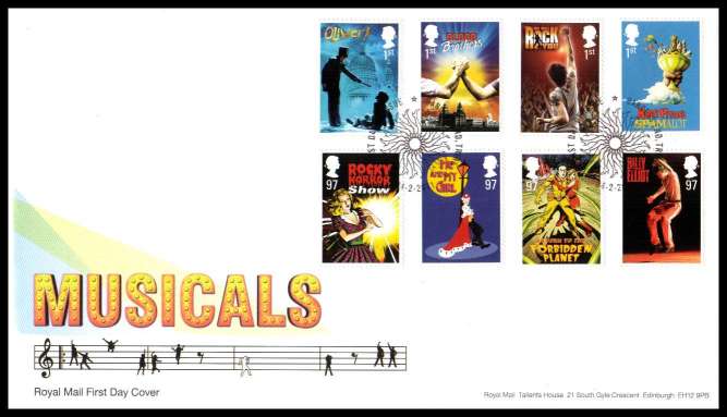 view larger back view image for Musicals set of eight on an unaddressed official Royal Mail FDC cancelled with the official alternative FDI cancel for DANCERS END - TRING dated 24-02-2011