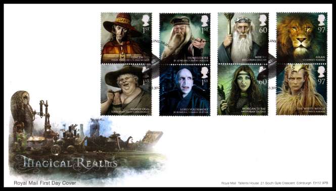 view larger back view image for Magical Realms set of eight on an unaddressed official Royal Mail FDC cancelled with the official alternative FDI cancel for MERLINS BRIDGE - HAVERFORDWEST  dated 8-3-2011