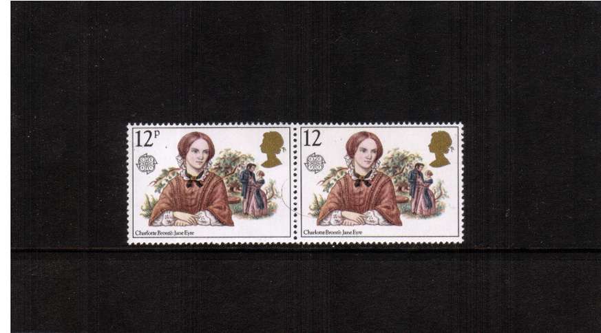 view larger image for SG 1125Ea (1980) - EUROPA - Famous Authoresses the 12p stamp superb unmounted mint in pair with normal showing the <br/><b>MISSING 'p' IN VALUE</b>  A famous error!
<br/><b>QAA</b>