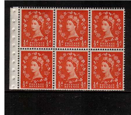 view larger image for SG SB1 (1954) - ½d Orange- Watermark Tudor Crown.
<br/> A superb 
unmounted mint Booklet pane of six with slightly trimmed perfs - Perf Type I
<br/><b>QAA</b>