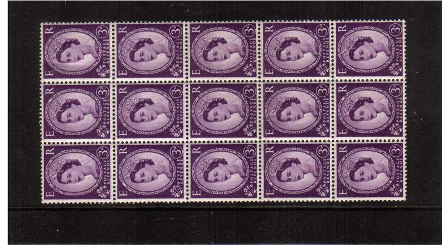 view larger image for SG  575var (1958) - 3d Deep Lilac - Watermark Multiple Crowns<br/>
A superb unmouted mint block of fifteen with INVERTED WATERMARK. This is thus a genuine ERROR cannot be from booklets due to size! A rare block.
<br/><b>QAA</b>