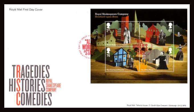view larger back view image for Royal Shakespeare Company minisheet on an unaddressed official Royal Mail FDC cancelled with the official alternative FDI cancel for STRATFORD UPON AVON dated 14-4-2011