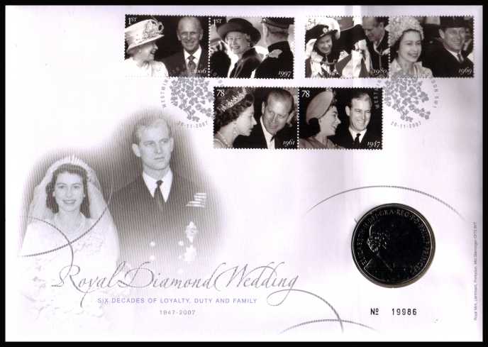 view larger image for SG RMC60 (2007) - Royal Mail and Royal Mint commemorative cover commemorating:<br/>The Queen's Diamond Wedding - £5 coin<br/>
<br/>SG Cat £35