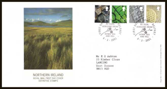 view larger back view image for NORTHERN IRELAND set of four (2nd - 65p) on a neatly typed addressed 
official Royal Mail FDC cancelled with the official FDI cancel for BELFAST dated 6-3-2001.