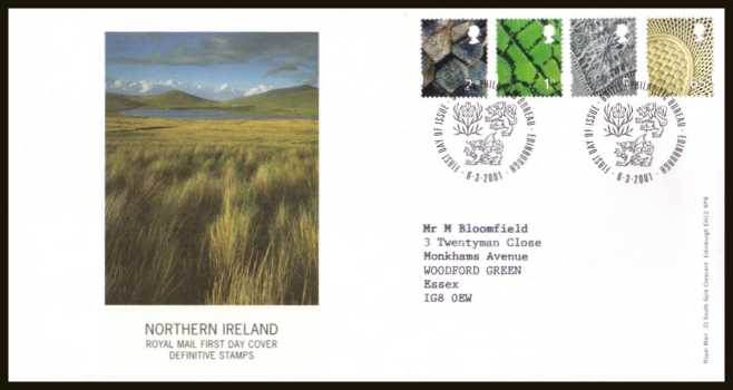 view larger back view image for NORTHERN IRELAND set of four (2nd - 65p) on a neatly typed addressed 
official Royal Mail FDC cancelled with the  FDI cancel for PHILATELIC BUREAU dated 6-3-2001.