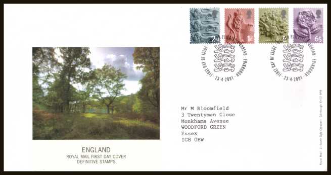 view larger back view image for ENGLAND set of four (2nd - 65p) on an unaddressed official Royal Mail FDC cancelled with the  FDI cancel for PHILATELIC BUREAU - EDINBURGH dated 23-4-2001