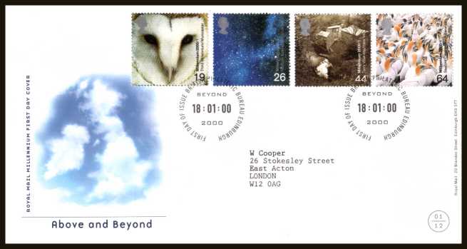 view larger back view image for Millennium Projects - 1st Series - ''Above and Beyond'' set of four on a neatly typed addressed official Royal Mail FDC cancelled with the official FDI cancel for PHILATELIC BUREAU - EDINBURGH dated 18-1-2000.