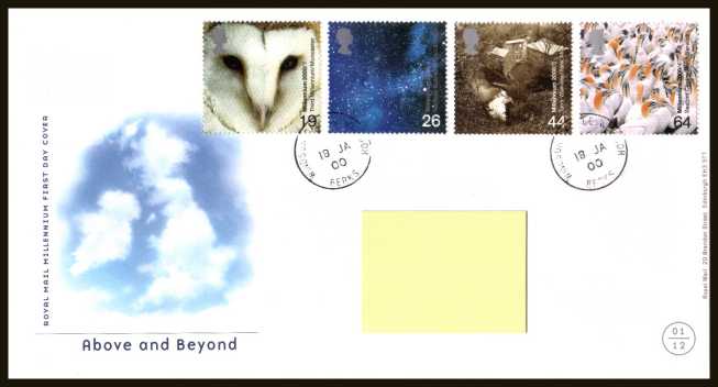 view larger back view image for Millennium Projects - 1st Series - ''Above and Beyond'' set of four on a neatly typed official Royal Mail FDC cancelled with two strikes of the steel CDS for WINDSOR CASTLE - BERKS dated 18-1-2000. Note that addressee's name covered on scan only.