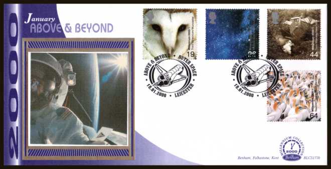 view larger back view image for Millennium Projects - 1st Series - ''Above and Beyond'' set of four on an unaddressed Benham FDC cancelled with an FDI cancel for LEICESTER dated 18-1-2000. BLCS173b Number 1272 of 2500