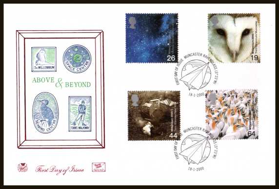view larger back view image for Millennium Projects - 1st Series - ''Above and Beyond'' set of four on an unaddressed Stuart FDC cancelled with the official FDI cancel for MUNCASTER - RAVENGLASS dated 18-1-2000.