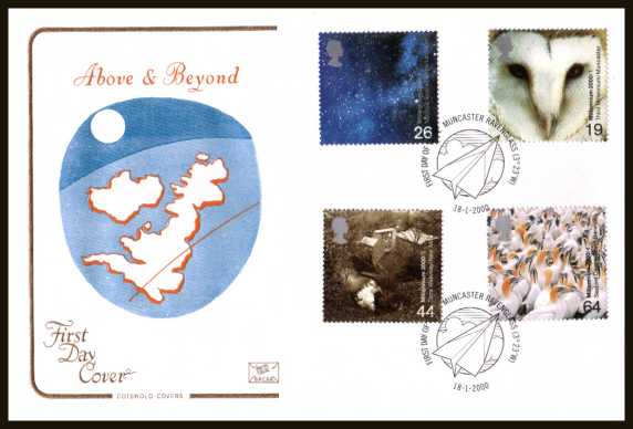 view larger back view image for Millennium Projects - 1st Series - ''Above and Beyond'' set of four on an unaddressed Cotswold FDC cancelled with the official FDI cancel for MUNCASTER - RAVENGLASS dated 18-1-2000