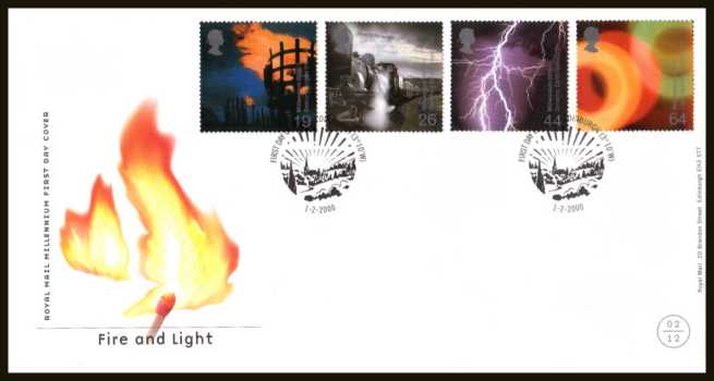 view larger back view image for Millennium Projects - 2nd Series - ''Fire and Light'' set of four on an unaddressed official Royal Mail FDC cancelled with the official alternative FDI cancel for EDINBURGH dated 1-2-2000.