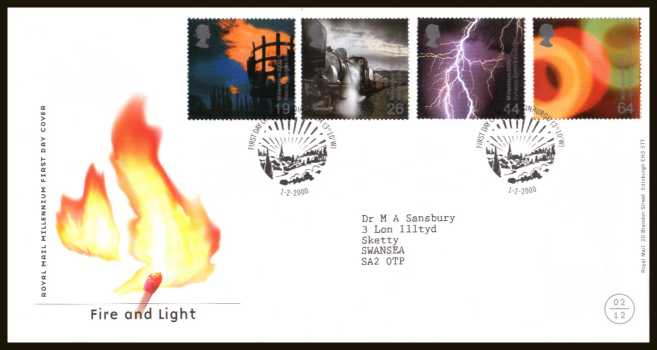 view larger back view image for Millennium Projects - 2nd Series - ''Fire and Light'' set of four on a neatly typed addressed official Royal Mail FDC cancelled with the official alternative FDI cancel for EDINBURGH dated 1-2-2000.