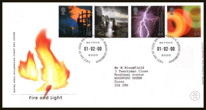 view larger back view image for Millennium Projects - 2nd Series - ''Fire and Light'' set of four on a neatly typed addressed official Royal Mail FDC cancelled with the  official FDI cancel for PHILATELIC BUREAU - EDINBURGH dated 1-2-2000.