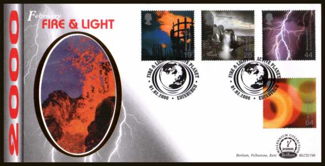 view larger back view image for Millennium Projects - 2nd Series - ''Fire and Light'' set of four on an unaddressed Benham FDC cancelled with an FDI cancel for EDINBURGH dated 1-2-2000. BLCS174b Number 1555 of 2500
