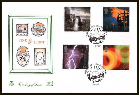 view larger back view image for Millennium Projects - 2nd Series - ''Fire and Light'' set of four on an unaddressed Stuart FDC cancelled with the official alternative FDI cancel for EDINBURGH dated 1-2-2000.