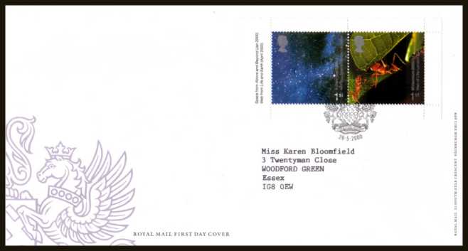 view larger back view image for Millennium 'Above and Beyond' and 'Life and Earth' 1st class se-tenant booklet pane of two on a neatly typed  addressed official Royal Mail FDC cancelled with the official alternative FDI cancel for LEICESTER dated 26-5-2000.