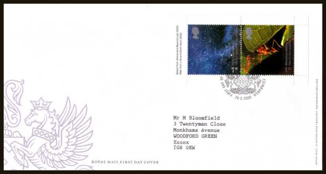 view larger back view image for Millennium 'Above and Beyond' and 'Life and Earth' 1st class se-tenant booklet pane of two on a neatly typed addressed official Royal Mail FDC cancelled with the FDI cancel for PHILATELIC BUREAU - EDINBURGH dated 26-5-2000.