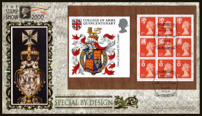 view larger back view image for 1st Class x3 x 3 Regions booklet pane from 'Special by Design' booklet on an unaddressed Benham FDC cancelled with FDI cancel for CARDIFF dated 15-2-00. BLCS175 Numbered 0169 of 2500