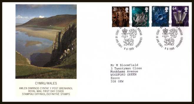 view larger back view image for WALES - 2nd to 64p on a neatly typed addressed official Royal Mail FDC cancelled with the  FDI cancel for PHILATELIC BUREAU - EDINBURGH dated 8-6-1999