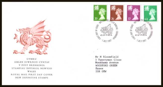 view larger back view image for WALES - 20p to 63p but WITHOUT 'P' on a neatly typed addressed official Royal Mail FDC cancelled with a PHILATELIC BUREAU - EDINBURGH cancel dated 1 JULY 1997
