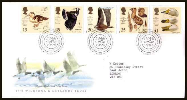 view larger back view image for Wildfowl and Wetlands Trust set of five on a neatly typed addressed official Royal Mail FDC cancelled with FDI cancel for PHILATELIC BUREAU - EDINBURGH dated 12 MARCH 1996.