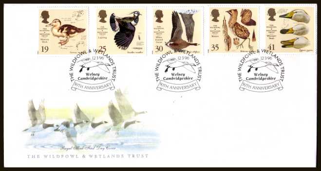 view larger back view image for Wildfowl and Wetlands Trust set of five on an unaddressed official Royal Mail FDC cancelled with the special alternative FDI cancel for THE WILDFOWL & WETLANDS TRUST - WELNEY CAMBRIDGESHIRE dated 12 MARCH 1996.