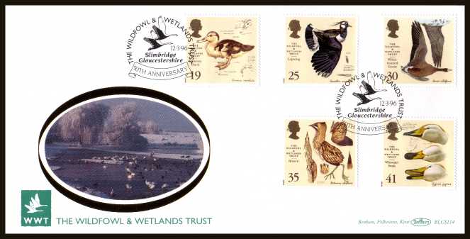 view larger back view image for Wildfowl and Wetlands Trust set of five on an unaddressed OFFICIAL WILFOWL & WETLANDS TRUST FDC cancelled with the alternative FDI cancel for SLIMBRIDGE - GLOUCESTERSHIRE dated 12 MARCH 1996. BLCS114  numbered1120 of 5000