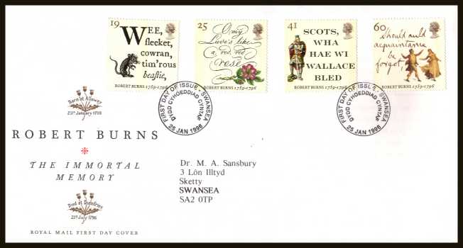 view larger back view image for Bicentenary of Robert Burns  set of four on a neatly typed addressed official Royal Mail FDC cancelled with the an ordinary FDI cancel for  SWANSEA dated 25 JANUARY 1996.