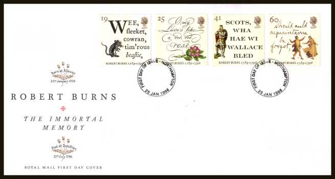view larger back view image for Bicentenary of Robert Burns  set of four on an unaddressed official Royal Mail FDC cancelled with an ordinary FDI cancel for  NORTHAMPTON dated 25 JANUARY 1996.