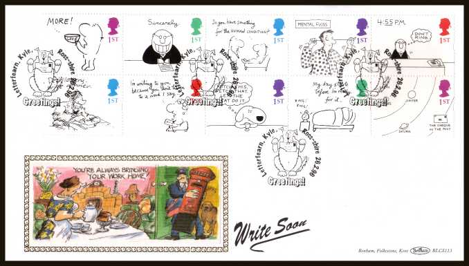 view larger back view image for Greetings Stamps - Cartoons booklet pane of ten from booklet SG KX8  on an unadressed Benham FDC cancelled with the special FDI cancel for LETTERFEARN - KYLE - ROSS-SHIRE dated 26 FEBRUARY 1996. BLCS113 numbered 2145 or 5000