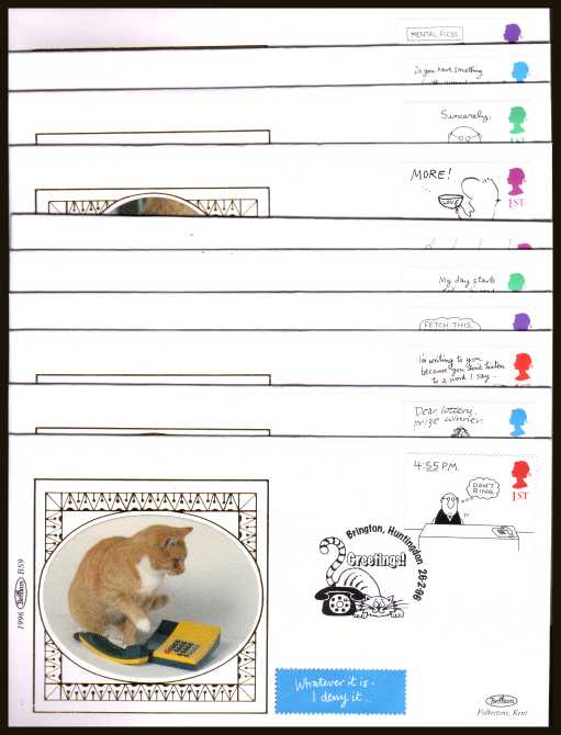 view larger back view image for Greetings Stamps - Cartoons booklet pane of ten from booklet SG KX8  on ten different Benham Small Silk FDCs cancelled with various Cat and Dog related FDI cancels  26 FEBRUARY 1996. Numbered BS5-BS14