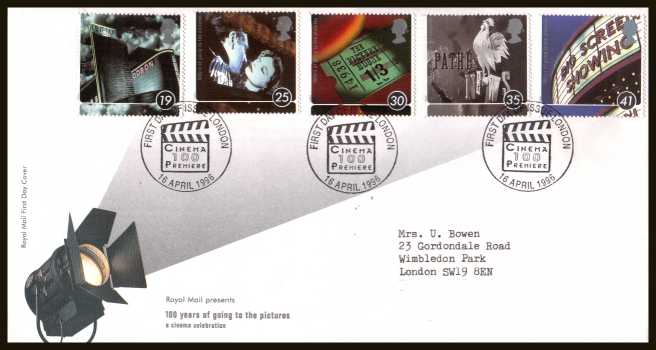 view larger back view image for Centenary of Cinema set of five on a neatly typed addressed official Royal Mail FDC cancelled with a special FDI cancel for LONDON dated 16 APRIL 1996.