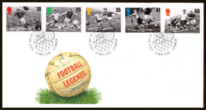 view larger back view image for European Football Championship set of five on an unaddressed official Royal Mail FDC cancelled with the official alternative FDI cancel for WEMBLEY dated 14 MAY 1996.