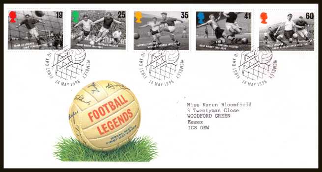 view larger back view image for European Football Championship set of five on a neatly typed addressed official Royal Mail FDC cancelled with the official alternative FDI cancel for WEMBLEY dated 14 MAY 1996.
