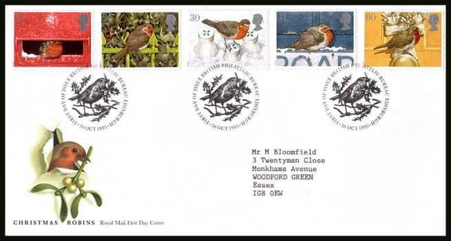 view larger back view image for Christmas set of five on a neatly typed addressed official Royal Mail FDC cancelled with the PHILATELIC BUREAU FDI cancel dated 30 OCT 1995.