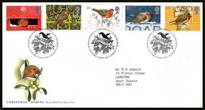 view larger back view image for Christmas set of five on a neatly typed addressed official Royal Mail FDC cancelled with the alternative FDI cancel for BETHLEHEM - LLANDEILO dated 30 OCT 1995.