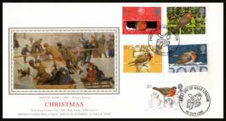 view larger back view image for Christmas set of five on an unadressed ''SILK'' PRESENTATION PHILATELIC SERVICES - SOTHEBY'S COLLECTION FDC (No. 109) cancelled with the special FDI cancel for LONDON dated 30 OCT 95.