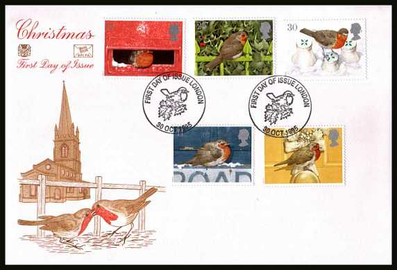 view larger back view image for Christmas set of five on an unaddressed STUART  FDC cancelled with a FDI cancel for LONDON dated 30 OCT 1995.