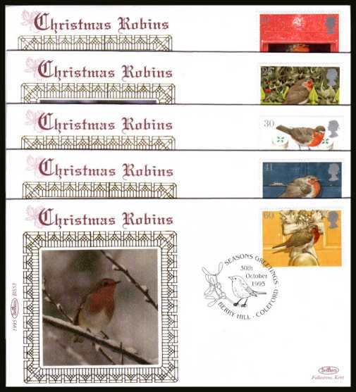 view larger back view image for Christmas set of five on five different Benham Small Silk FDCs cancelled with various Christmas related cancels dated 30 OCTOBER 95. Numbered BS49-BS43
