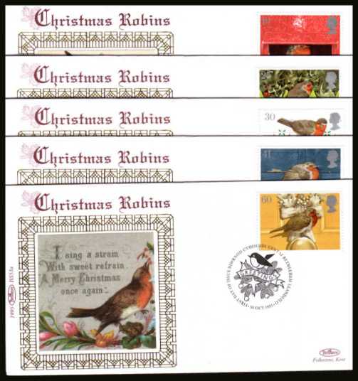 view larger back view image for Christmas set of five on five different Benham Small Silk FDCs cancelled with various Christmas related cancels dated 30 OCTOBER 95. Numbered BS49a-BS43a
