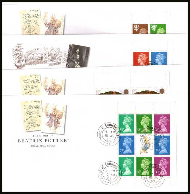 view larger back view image for Beatrix Potter The complete set of four booklet panes on unaddressed official Royal Mail FDCs cancelled with the several steel circular date stamps for HOUSE OF COMMONS  dated 10 AUGUST 1993. Rare and must be near unique!