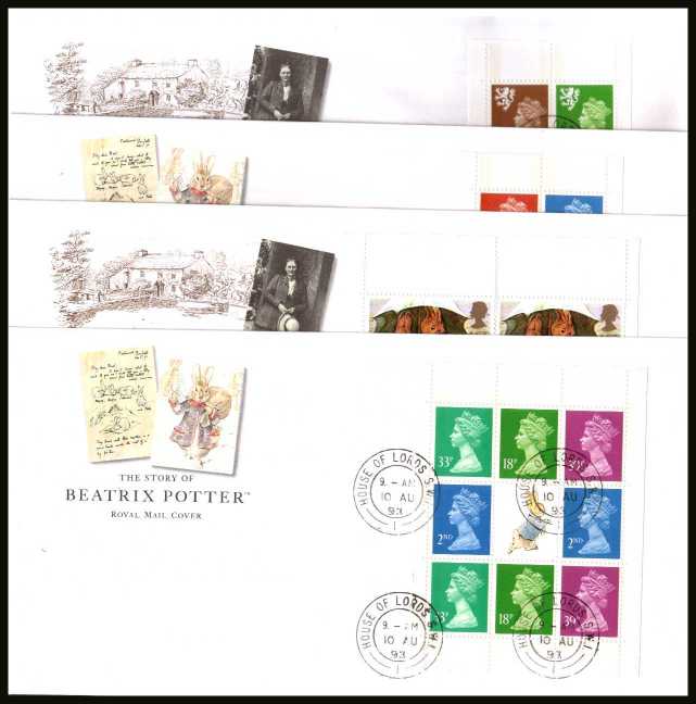 view larger back view image for Beatrix Potter The complete set of four booklet panes on unaddressed official Royal Mail FDCs cancelled with the several steel; circular date stamps for HOUSE OF LORDS  dated 10 AUGUST 1993. Rare and must be near unique!