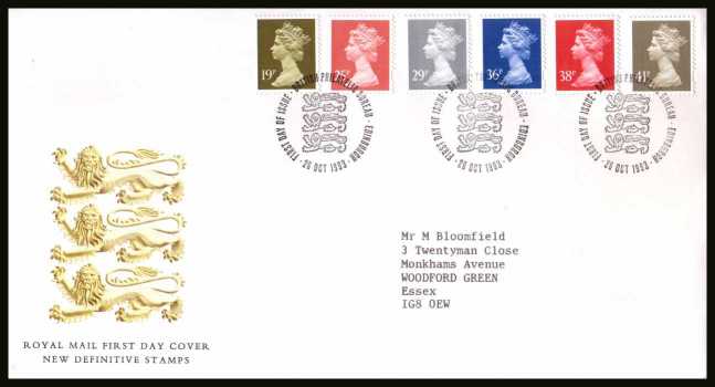 view larger back view image for Machin - Elliptical Perforations - 19p to 41p on a neatly typed addressed official Royal Mail FDC cancelled with a PHILATELIC BUREAU FDI cancel dated 26 OCT 1993