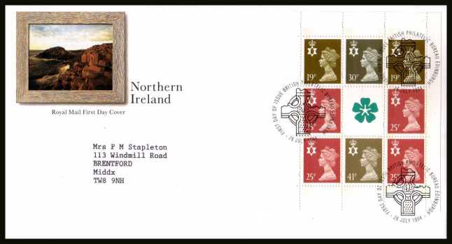 view larger back view image for Northern Ireland Machin booklet pane on a neatly typed addressed official Royal Mail FDC cancelled with a PHILATELIC BUREAU - EDINBURGH FDI cancel dated 26 JULY 1996.