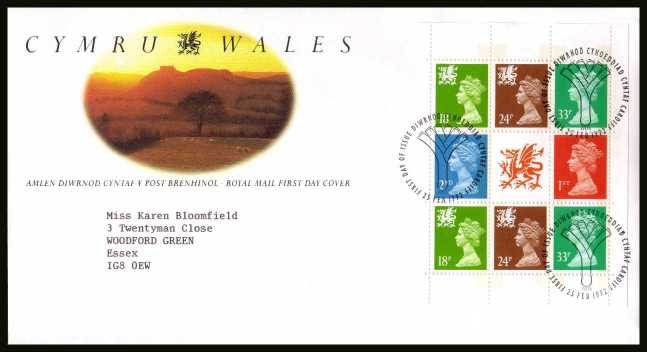 view larger back view image for Wales Machin booklet pane on a neatly typed addressed official Royal Mail FDC cancelled with the alternative FDI cancel for CARDIFF
dated 25 FEB 1992