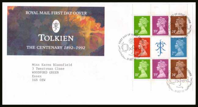 view larger back view image for Tolkien Machin booklet pane on a neatly typed addressed official Royal Mail FDC cancelled with the alternative FDI cancel for OXFORD dated 27 OCT 1992.