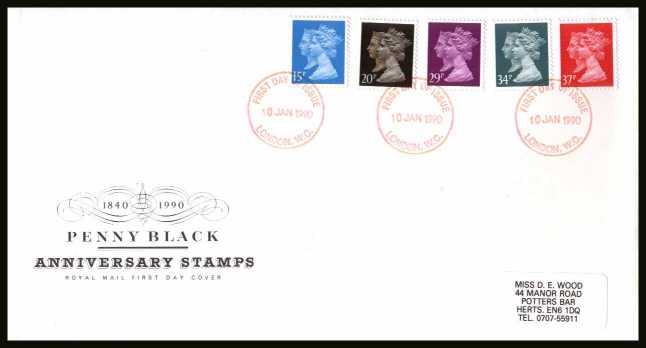 view larger back view image for 150th Anniversary of the Penny Black set of five on an unaddressed (label) Royal Mail FDC cancelled with the special FDI cancel for LONDON W.C.

dated 10 JANUARY 1990.