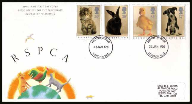 view larger back view image for 150th Anniversary of Royal Society for Prevention of Cruelty to Animals (RSPCA) on an  unaddressed (label)Royal Mail FDC cancelled with the FDI cancel for LONDON W.C. dated 23 JANUARY 1990.